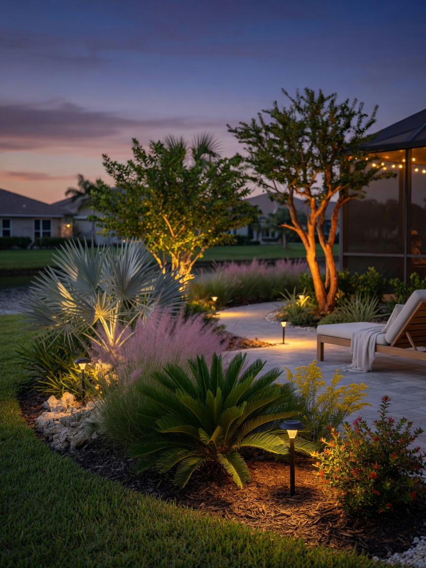 Evening view of a Cape Coral backyard with solar landscape lighting highlighting wind-resistant native plants, peaceful atmosphere, ultra-realistic 8K