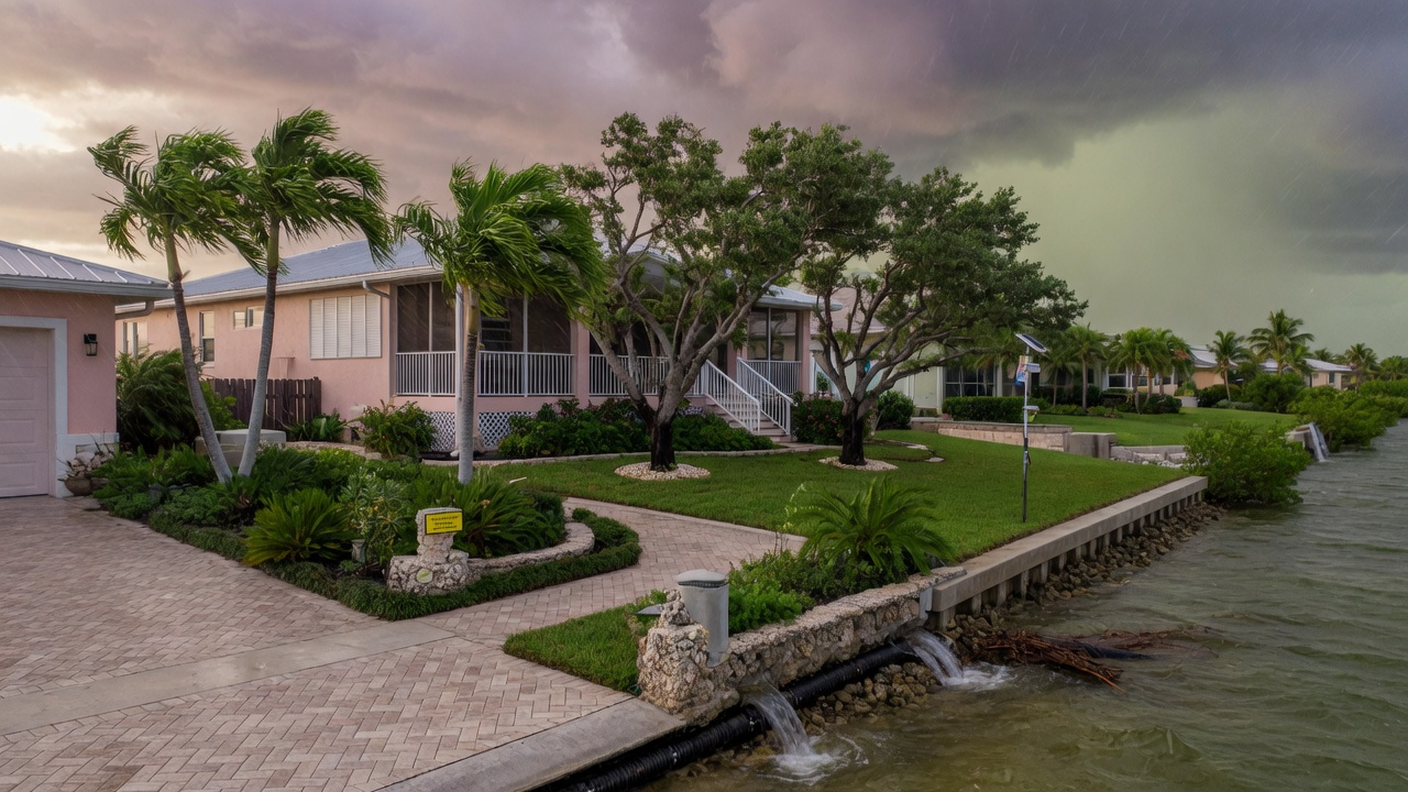 Complete hurricane-resilient Cape Coral landscape design showing all elements working together: trees, shrubs, hardscaping, and drainage during approaching storm, cinematic 8K quality