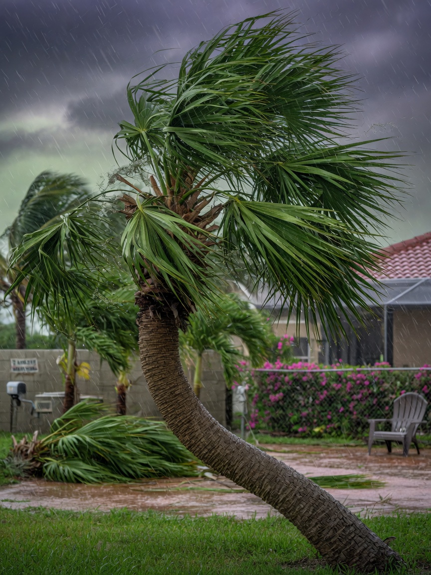 Close-up of wind-resistant Sabal Palm tree bending in high winds but not breaking, Cape Coral residential backyard, realistic rain droplets on leaves, 8K photorealistic detail
