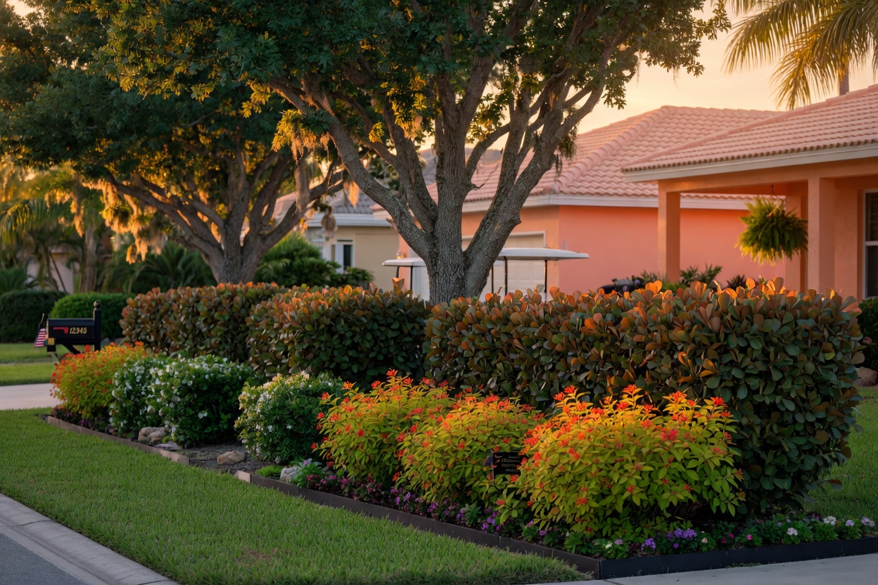 Professional landscape design showing layered wind break using Live Oaks, Simpson Stopper, and Firebush in a Cape Coral front yard, golden hour lighting, ultra-realistic 8K resolution