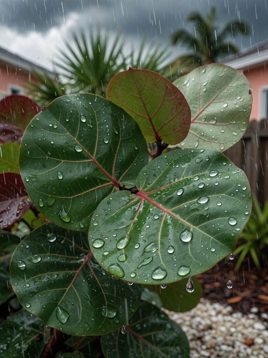 Close-up of Sea Grape leaves with water droplets during heavy rain, realistic texture and detail, Cape Coral coastal landscaping, 8K ultra-realistic