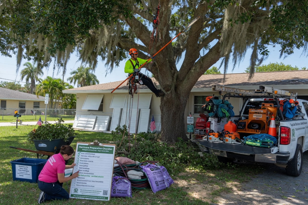 Hurricane preparation checklist being implemented in a Cape Coral yard with arborist pruning a Live Oak tree, professional equipment visible, realistic scene