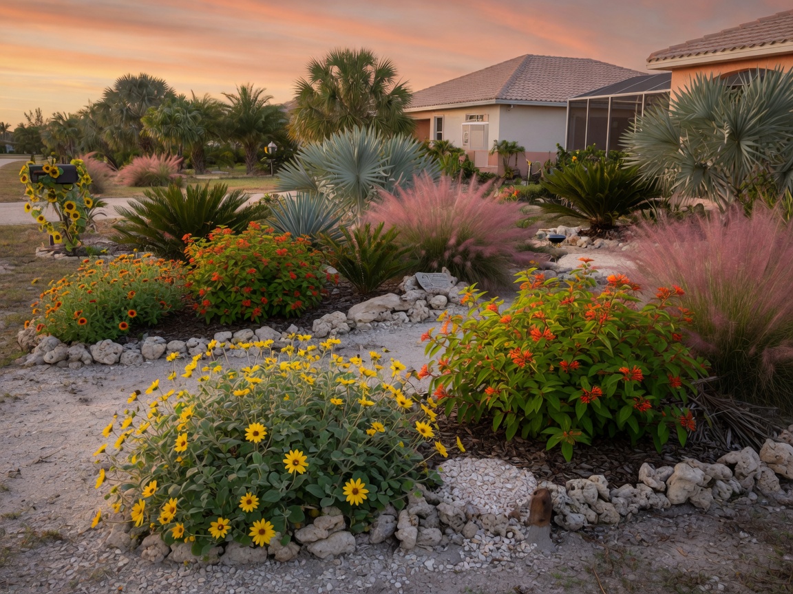 Xeriscape garden design using native Florida plants in Cape Coral including Beach Sunflower and Firebush, drought-tolerant landscaping, 8K photorealistic