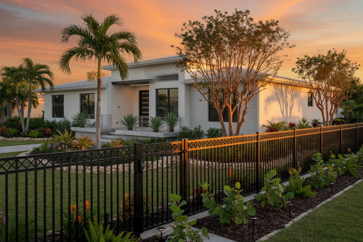 Modern Cape Coral home with aluminum hurricane-rated fencing and strategically placed wind-resistant trees, beautiful tropical landscaping, golden sunset, ultra-detailed 8K