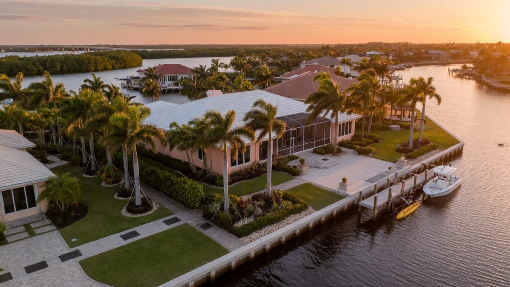 Ultra-realistic 8K aerial view of a Cape Coral waterfront home with beautifully designed hurricane resistant landscaping featuring native palms, strategic windbreaks, and reinforced hardscaping during golden hour lighting