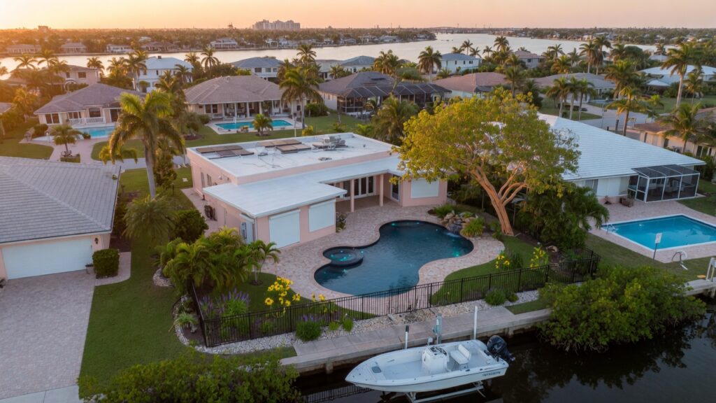 Ultra-realistic 8K aerial view of a modern hurricane-resistant landscape in Cape Coral Florida with native plants, hardscaping, and a swimming pool, golden hour lighting, highly detailed coastal neighborhood, photorealistic