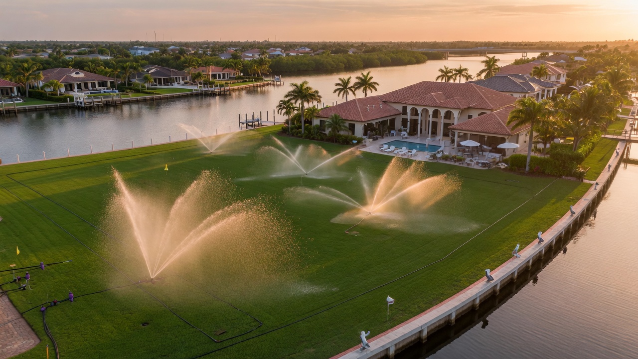 Ultra-realistic 8K aerial photograph of a luxurious waterfront home in Cape Coral Florida with perfectly manicured green lawn and visible irrigation zones during golden hour lighting, showing multiple sprinkler patterns in action with water droplets catching sunlight, high detail, photorealistic