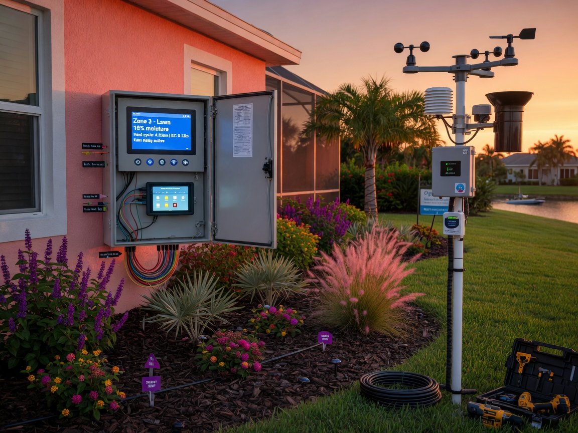 Smart irrigation system installation in a Cape Coral backyard with weather station and control panel visible, lush but water-efficient landscape, technical yet beautiful 8K image