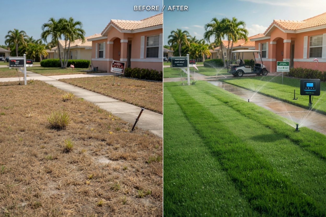 Ultra-realistic 8K before and after split image showing dry brown lawn on left and vibrant green healthy lawn on right after smart irrigation installation in Cape Coral residential property