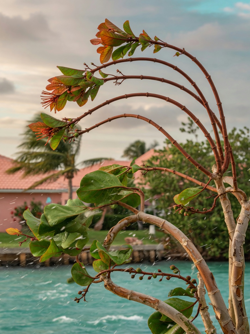 Realistic close-up of Seagrape and Firebush plants showing their flexible stems bending in strong wind without breaking, Cape Coral setting