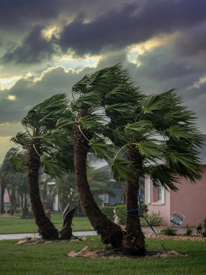 Windmill palm trees bending gracefully in strong wind demonstrating hurricane resistance in Cape Coral landscaping, dramatic sky, realistic motion blur on fronds, 8K photography
