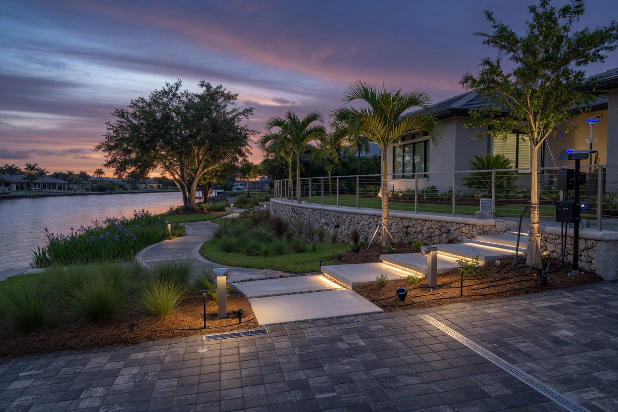 Ultra-realistic 8K image of a complete hurricane resistant landscape design including hardscape, lighting, and AI irrigation system at dusk in Cape Coral
