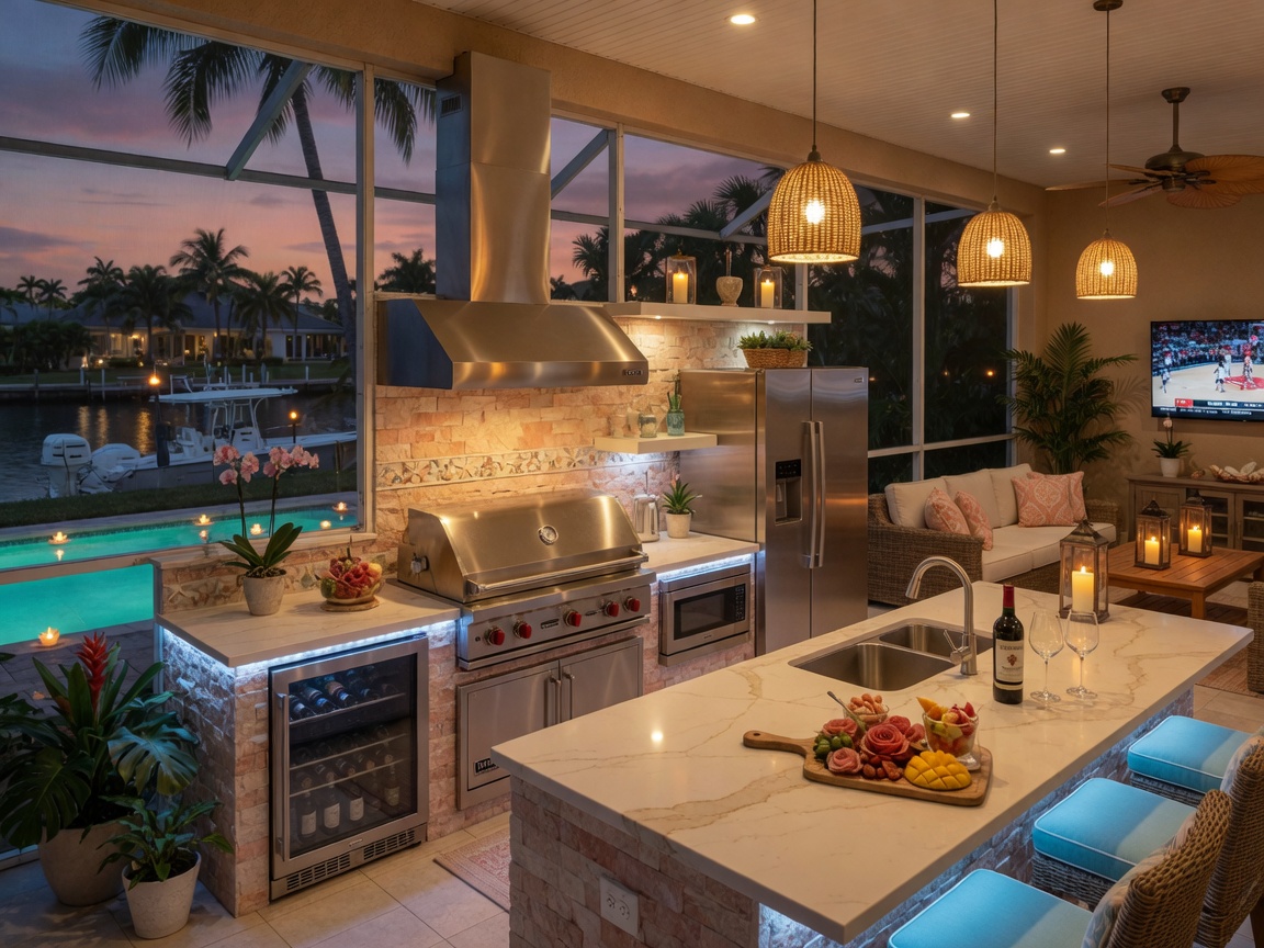 Outdoor kitchen and entertainment area with stainless steel appliances in a Cape Coral lanai, evening scene with warm lighting, luxurious Florida lifestyle, ultra detailed 8K