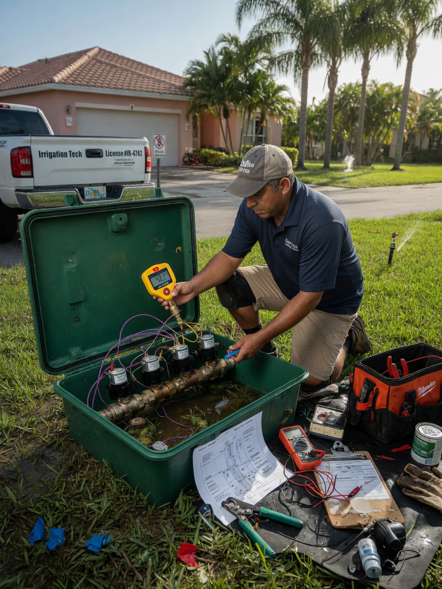 Ultra-realistic 8K image of irrigation system maintenance being performed by technician checking valve box in Cape Coral yard, tools and diagnostic equipment visible, professional setting with high detail