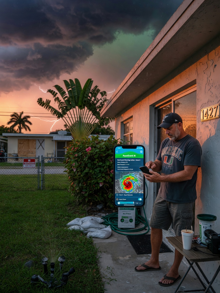Photorealistic image of a South Florida homeowner using a smartphone app to control AI weather-based irrigation system before an approaching hurricane