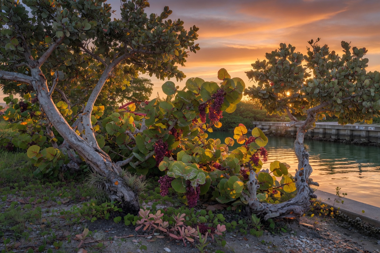 Coastal buttonwood trees and sea grape in a salt-tolerant Cape Coral landscape near the water, realistic textures, golden sunrise light, photorealistic nature scene 8K
