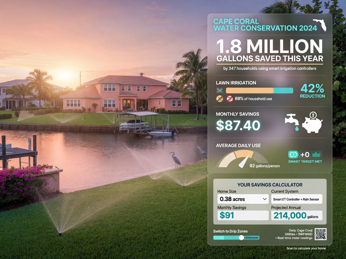 Detailed 8K visualization of water conservation statistics and savings calculator graphic overlay on beautiful Cape Coral waterfront property with irrigation system actively watering the lawn at sunrise
