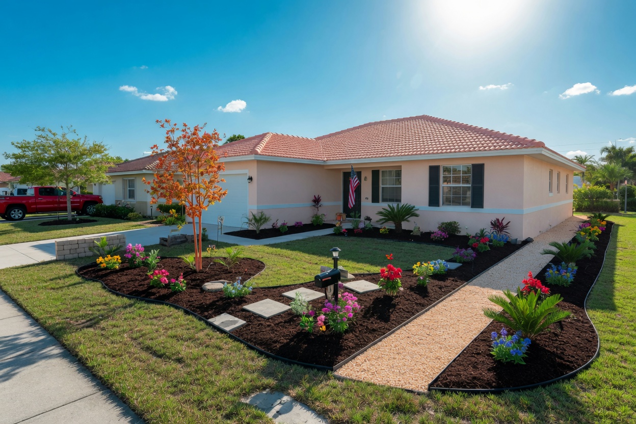 Small budget-friendly Cape Coral landscaping project with simple hardscaping, colorful native flowers and mulched beds, neat suburban home, bright sunny day, 8K realism