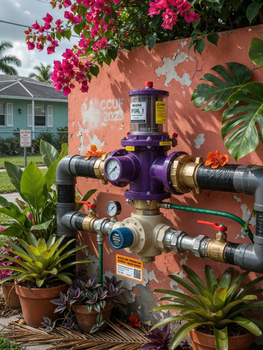 Ultra-realistic 8K photo of backflow prevention device and pressure regulator installed on irrigation system in Cape Coral with tropical plants surrounding the equipment, sharp focus on technical components