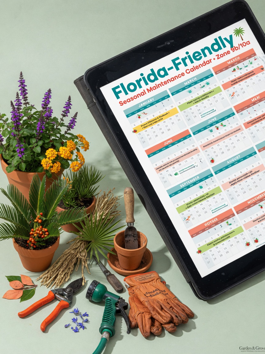 Ultra-realistic photo of a seasonal maintenance calendar displayed on a tablet beside Florida friendly native plants and landscaping tools