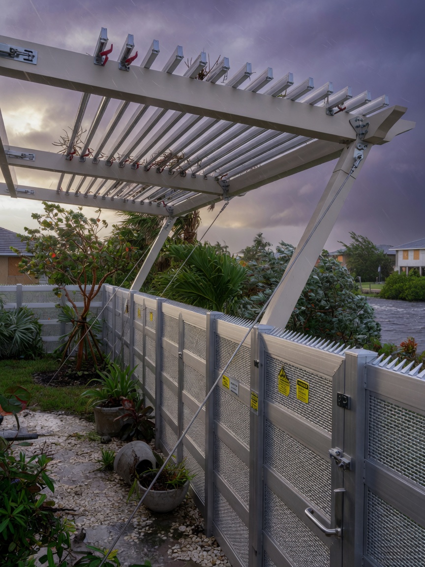 Cinematic image of reinforced aluminum fencing and wind-rated pergola in a hurricane resistant Cape Coral backyard with native vegetation