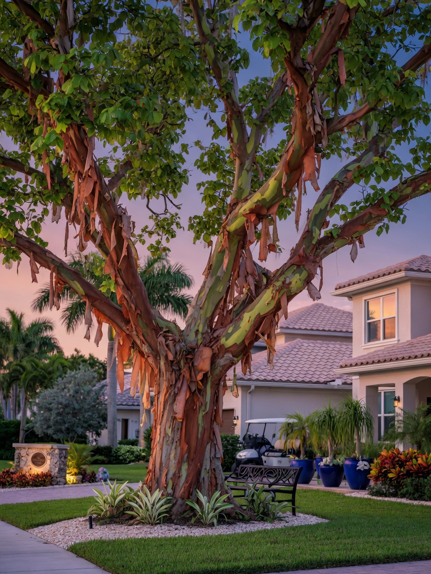 Mature Gumbo Limbo tree with distinctive peeling bark as focal point in upscale Cape Coral residential landscape, beautiful specimen tree, soft evening light, 8K ultra realistic