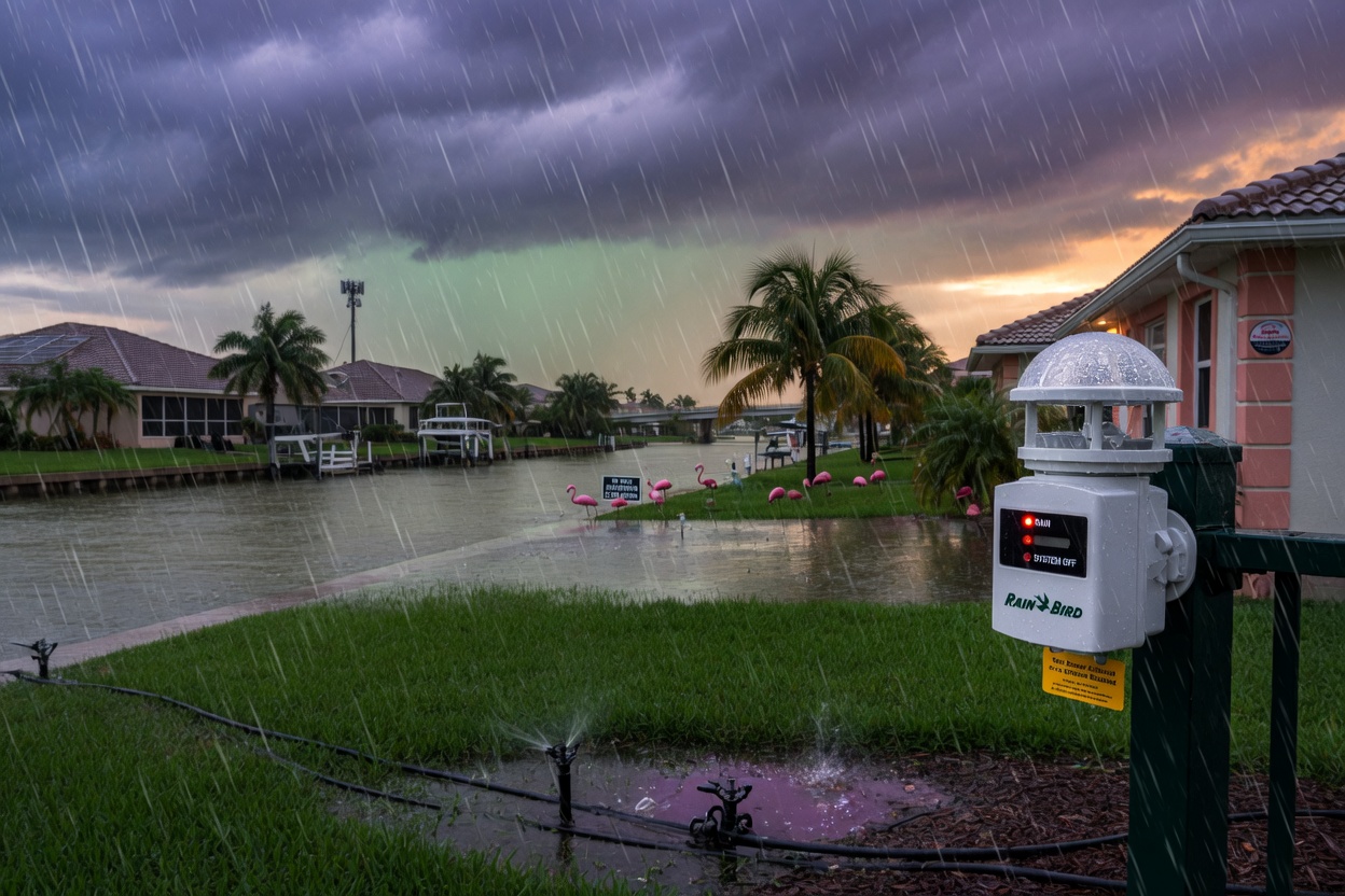 Cinematic ultra-realistic 8K image of heavy Florida rainstorm in Cape Coral with smart irrigation system automatically turned off, showing rain sensor in action with dramatic storm clouds and wet landscape