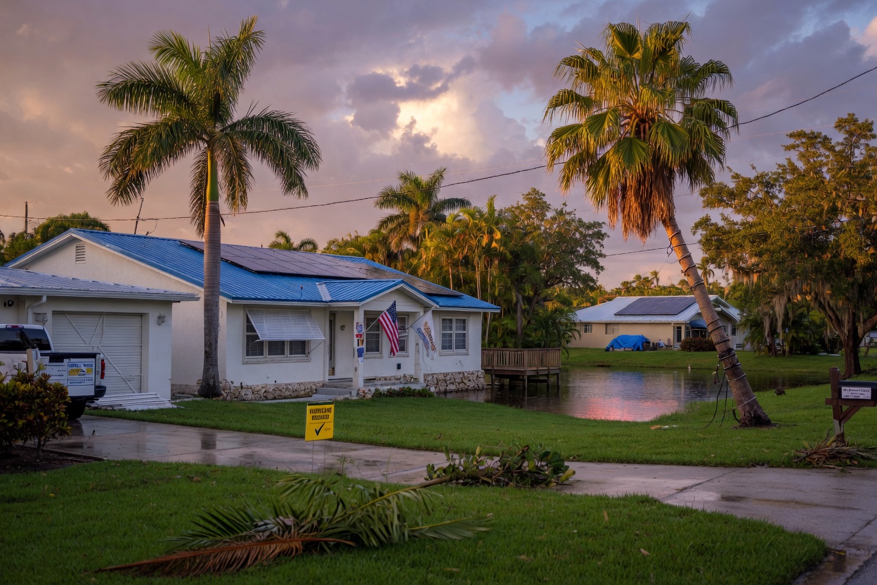 8K photorealistic view of a healthy Florida landscape one week after a major storm with minimal damage thanks to proper hurricane resistant design