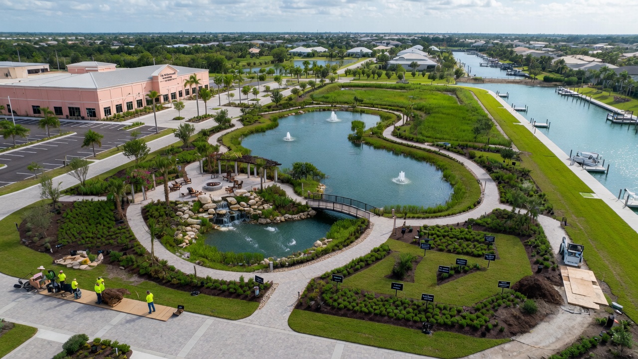 Comprehensive aerial view of a large-scale commercial landscaping project in Cape Coral with multiple outdoor zones, water features, and native plantings, 8K photorealistic overview