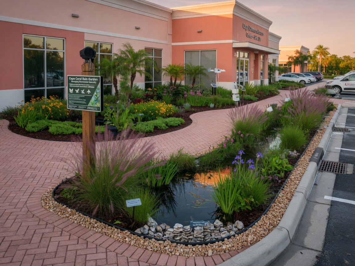 Sustainable rain garden and bioswale system incorporated into Cape Coral commercial property landscaping, demonstrating water management best practices, detailed ecological design, 8K realism