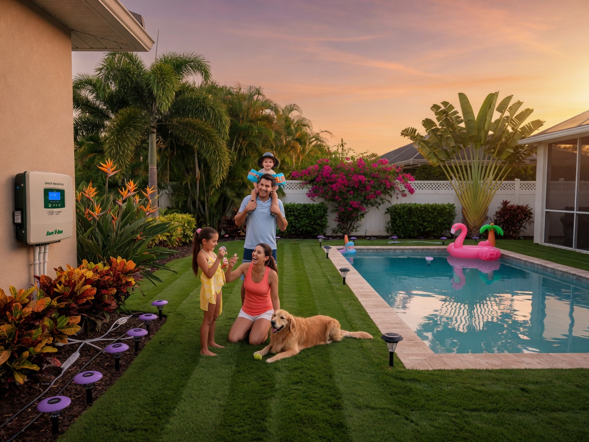 Ultra-realistic 8K lifestyle image of happy Cape Coral family enjoying their backyard with perfect green grass, visible smart irrigation components, swimming pool, and tropical landscaping at sunset with warm golden light