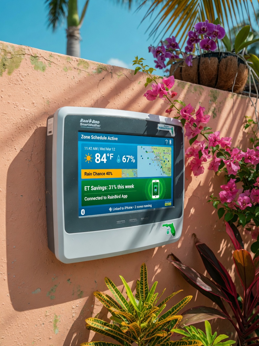 Close-up ultra-realistic 8K image of a smart irrigation controller mounted on a stucco wall in Cape Coral, displaying a modern digital interface with weather data and smartphone connectivity icons, surrounded by tropical landscaping, sharp focus and natural lighting