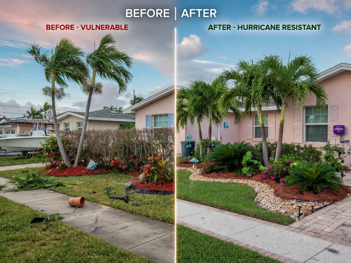 Ultra-detailed 8K before and after split screen showing a Cape Coral front yard transformation from vulnerable landscaping to hurricane resistant design with native plants and smart irrigation