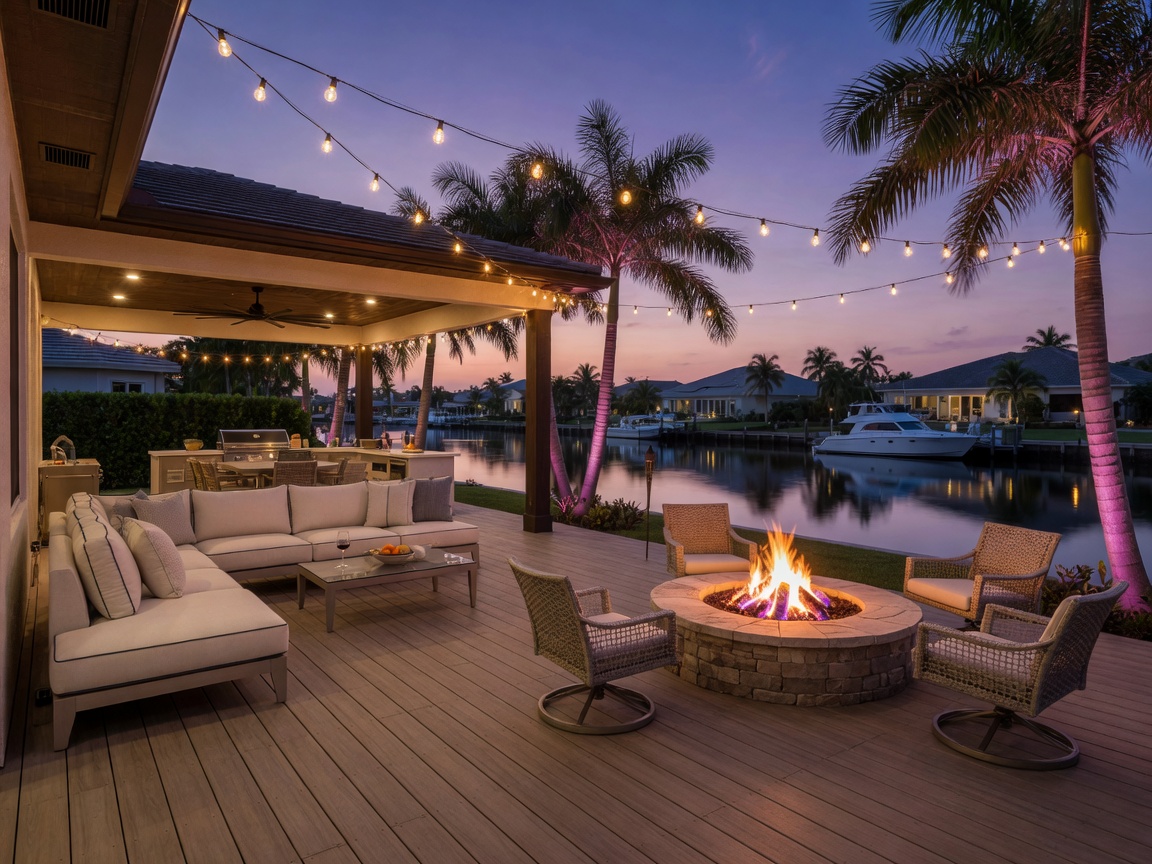 Luxurious outdoor living space with composite deck, fire pit, and covered lanai overlooking a canal in Cape Coral, twilight lighting with string lights, realistic 8K rendering