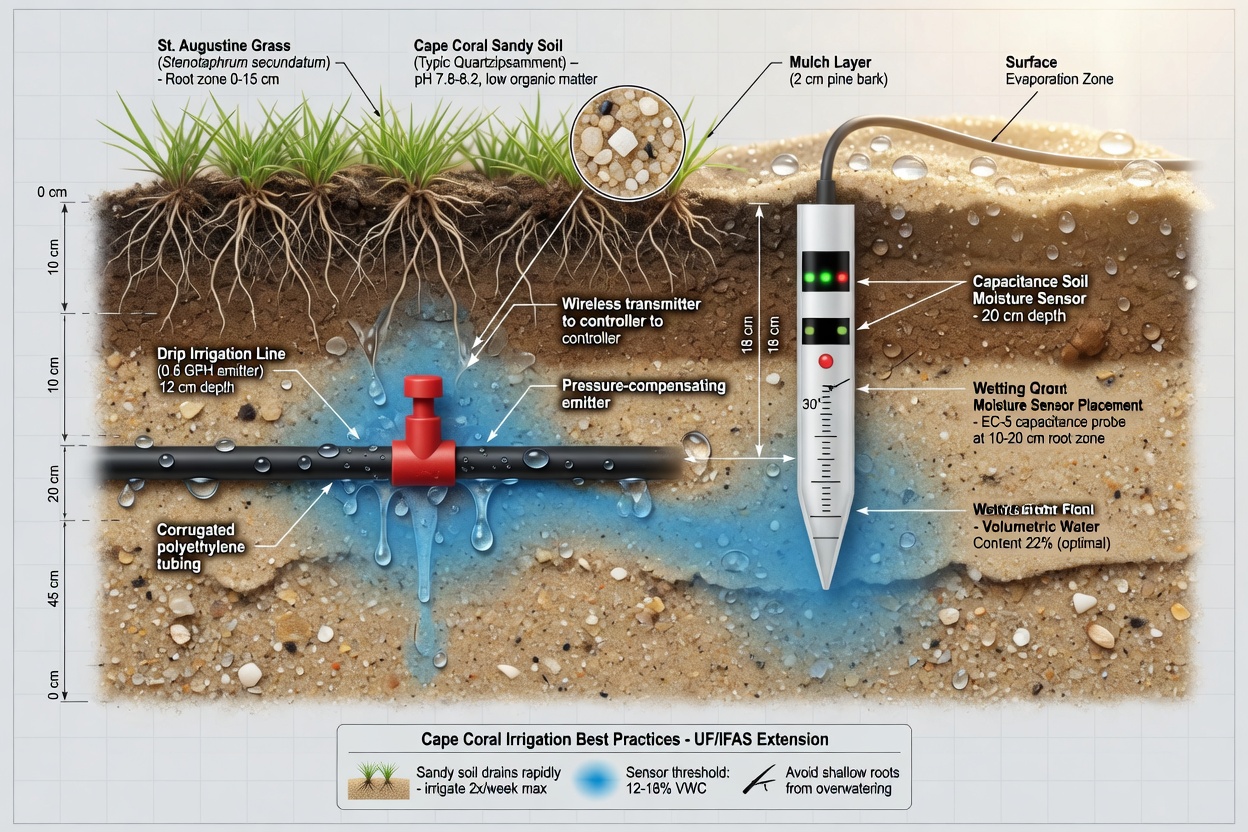 Detailed 8K technical diagram illustration showing cross-section of sandy Cape Coral soil with grass roots, drip irrigation lines, and moisture sensor placement, labeled educational style with realistic textures and scientific accuracy