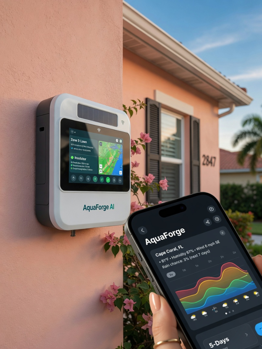 Photorealistic image of AI-enabled smart irrigation controller mounted on a modern Cape Coral home exterior with weather data displayed on a smartphone in foreground
