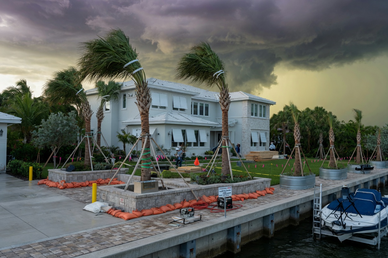 Hurricane resistant landscaping design with Sabal palms and reinforced hardscaping around a waterfront home in Southwest Florida during storm preparation, dramatic skies, photorealistic 8K