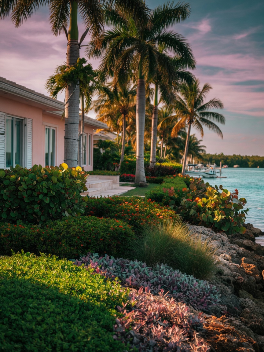 8K cinematic view of layered hurricane resistant landscaping in Cape Coral with tall palms in background, mid-level shrubs, and groundcovers protecting a waterfront residence