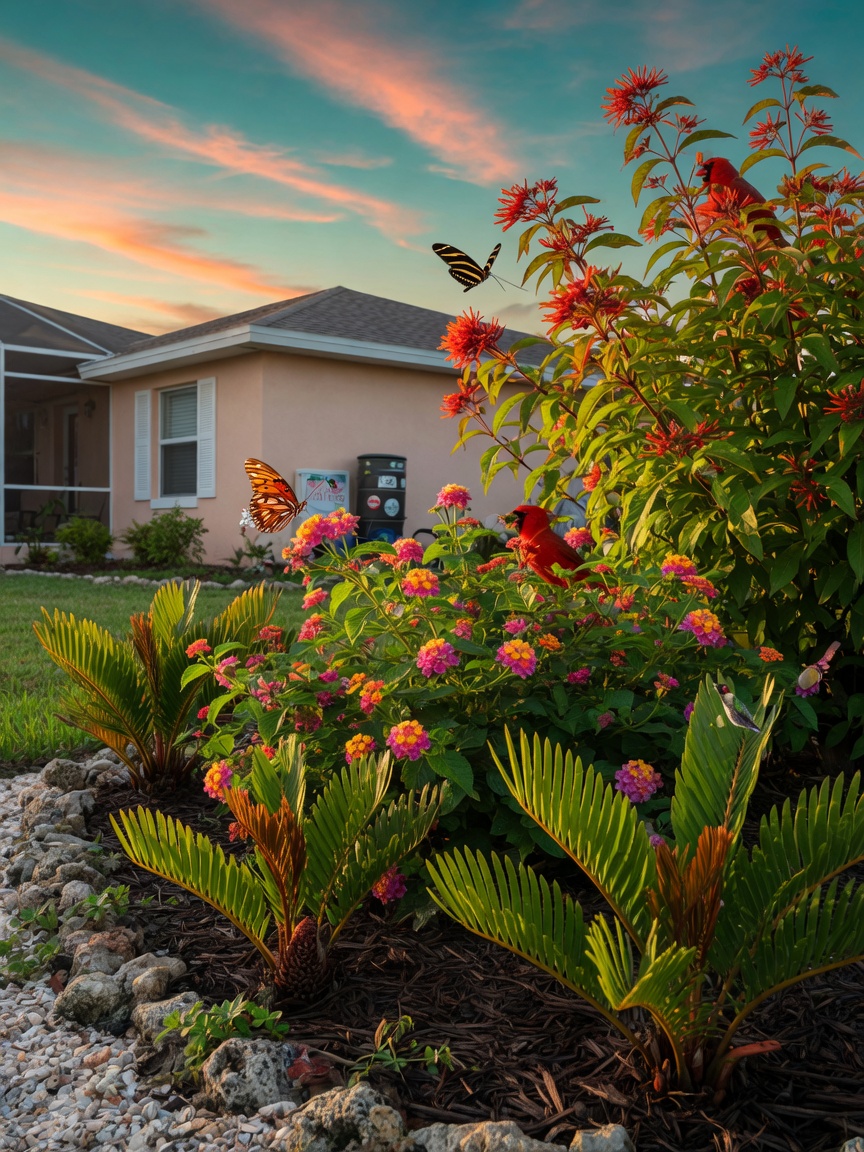 Water-wise native plant garden featuring Firebush, Lantana and Coontie in Cape Coral residential yard, butterflies and birds present, vibrant colors, 8K ultra realistic nature photography