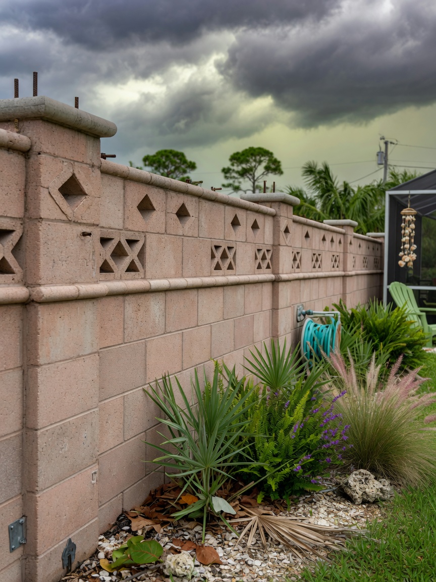 Ultra-realistic photo of reinforced decorative concrete block wall acting as a windbreak in a Florida backyard with native plants and storm clouds in the distance
