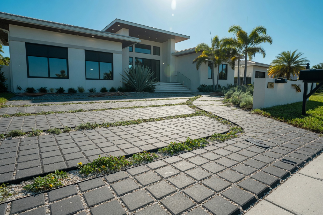 Permeable paver driveway and walkway in a contemporary Cape Coral home landscape with drought tolerant groundcover, clean architectural lines, bright Florida sunlight, 8K detail