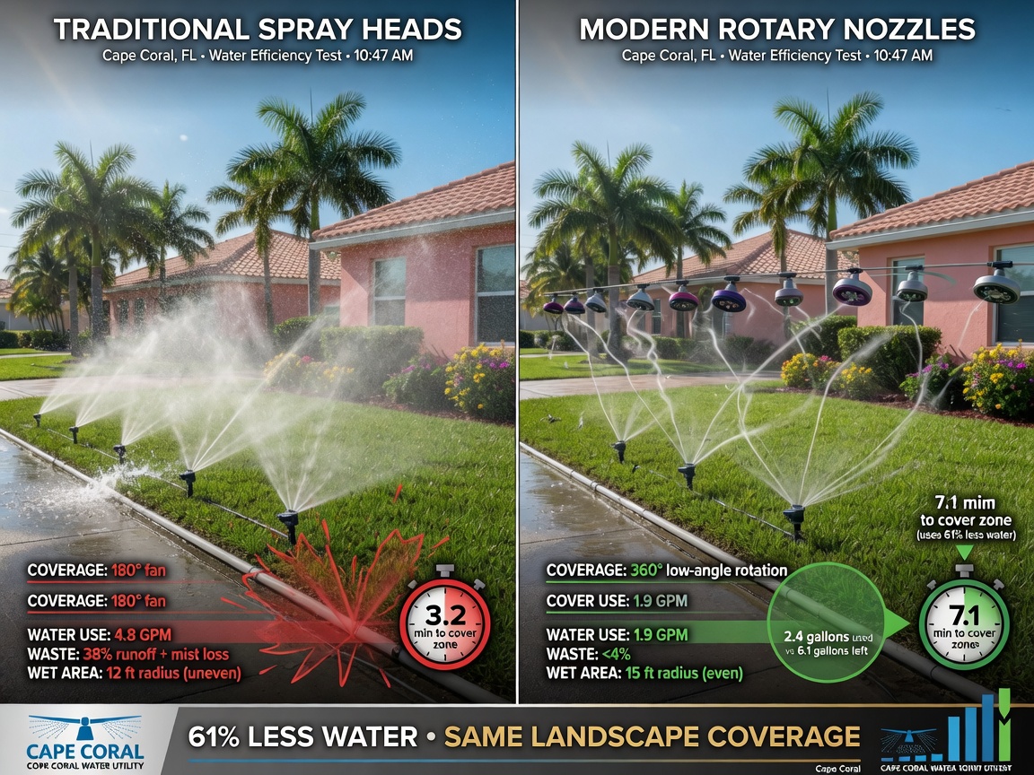 Ultra-realistic 8K comparison split-screen image showing traditional spray heads vs modern rotary nozzles watering the same landscape in Cape Coral, demonstrating water efficiency with visible spray patterns and measurement graphics