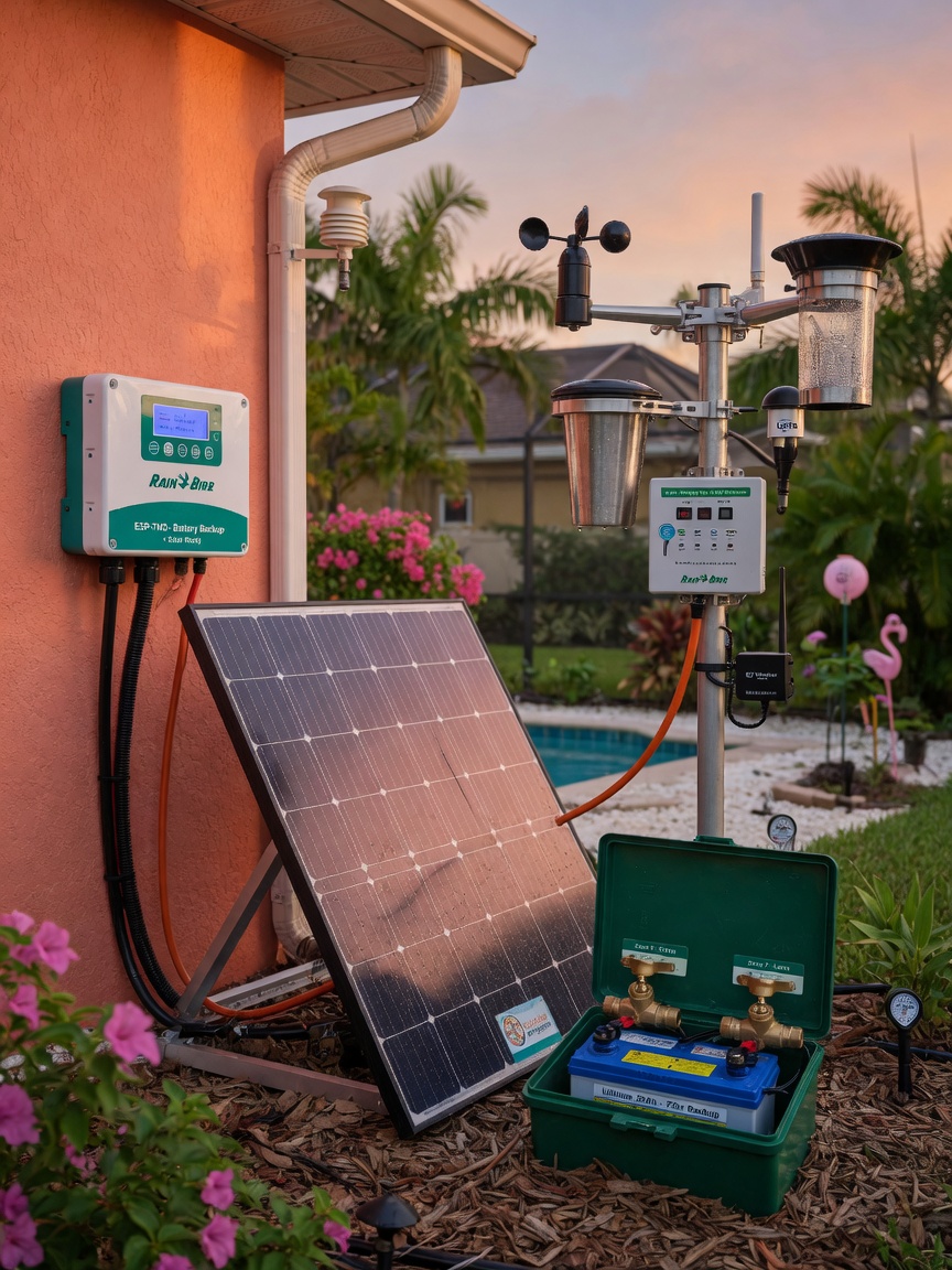 Detailed 8K image of battery backup irrigation system components installed in a Cape Coral landscape with visible solar panel and weather sensors