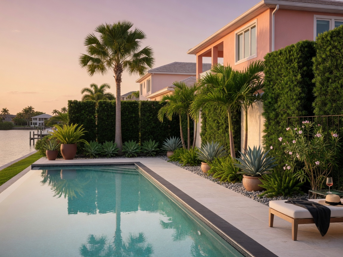 Elegant poolside landscaping in Cape Coral with strategic plant placement, privacy screening, and minimal leaf litter, crystal clear swimming pool, luxury residential setting, 8K photorealistic
