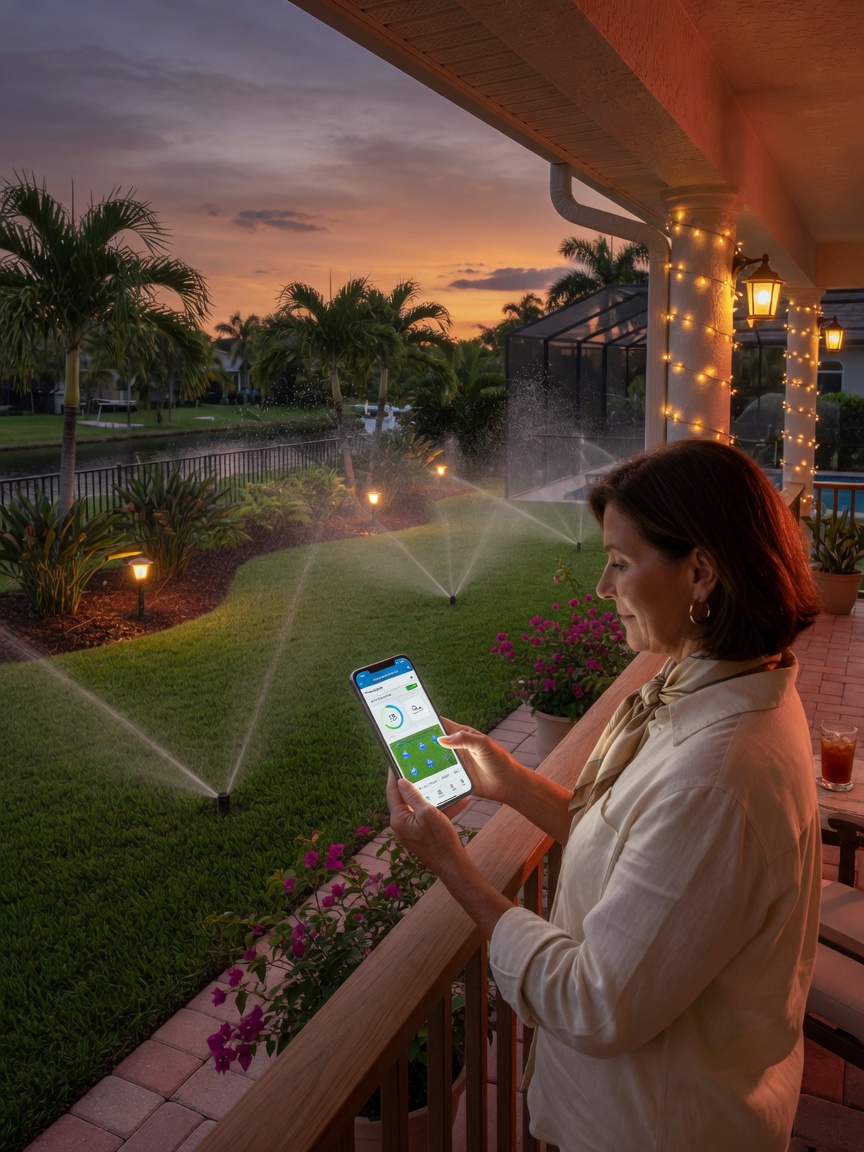 8K cinematic photograph of a Cape Coral homeowner using a smartphone app to control smart irrigation system, standing on patio overlooking beautiful landscaped yard with visible irrigation in background at dusk with warm lighting