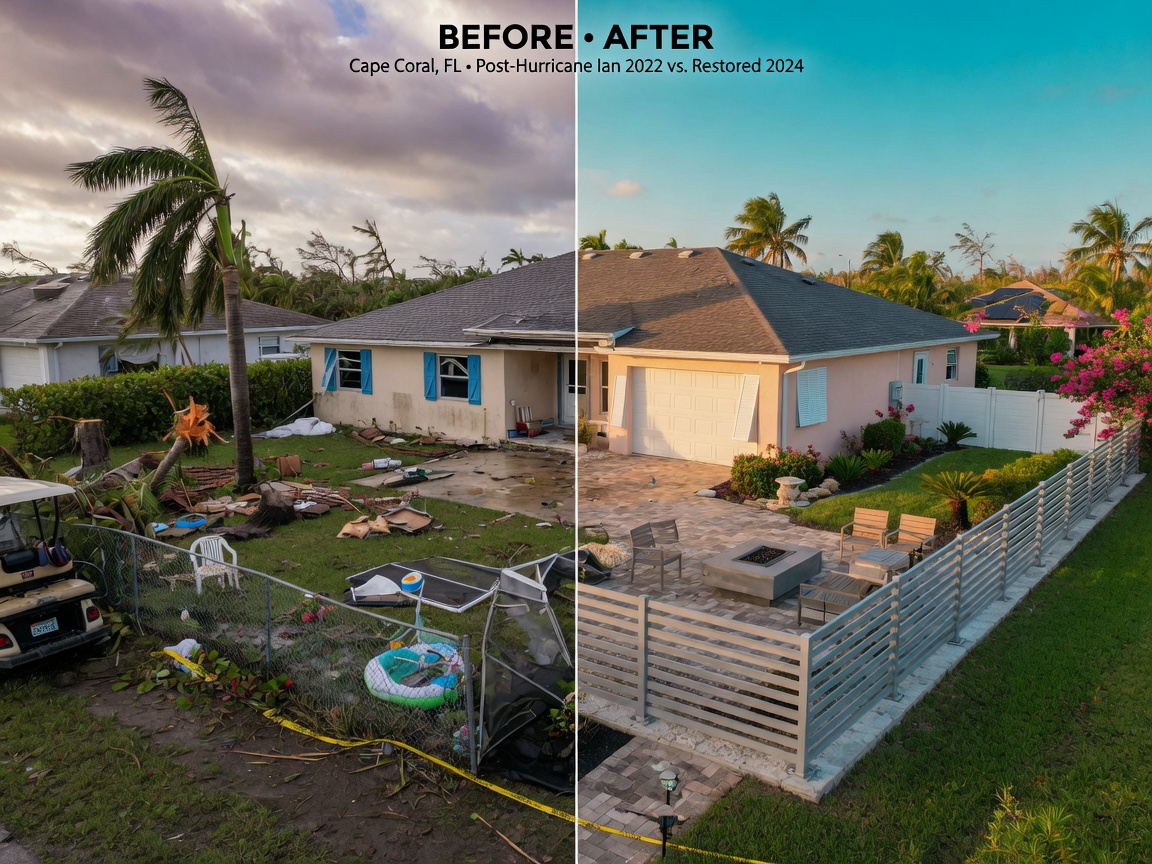 Photorealistic before and after composite of a damaged Cape Coral yard after Hurricane Ian versus the same property restored with storm resistant landscape design