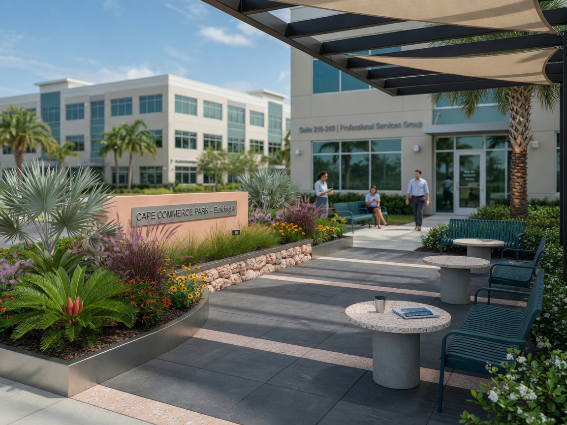 Commercial landscaping project in Cape Coral business park with native plants, modern hardscaping, and outdoor seating areas, professional business atmosphere, ultra realistic 8K