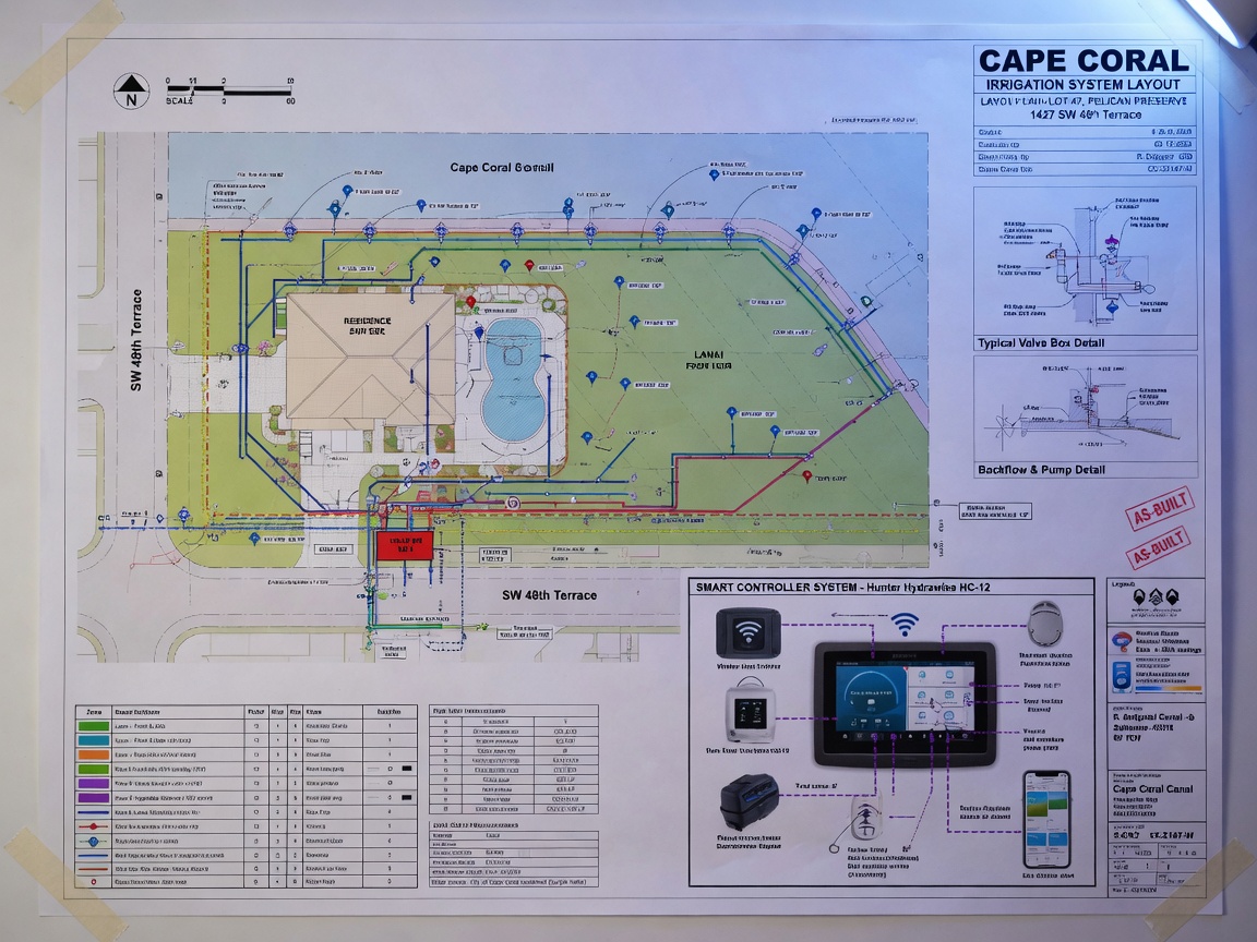 Ultra-detailed 8K technical illustration of a complete Cape Coral irrigation system layout plan showing zoning, pipe routing, sprinkler head placement, and smart controller integration with legend and measurements