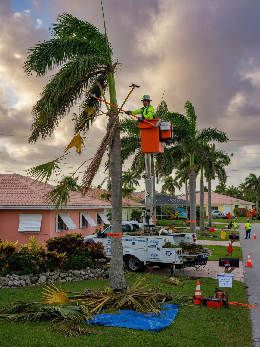 Ultra-high resolution image of a maintenance worker pruning palm trees as part of hurricane preparation in a lush Cape Coral residential neighborhood