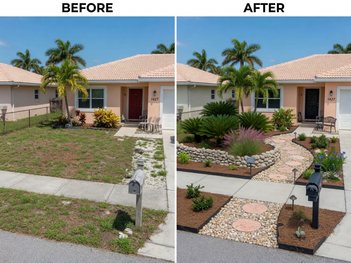 Before and after split image of a Cape Coral front yard transformation using Florida native plants and modern landscaping, bright daylight, highly detailed comparison, 8K resolution